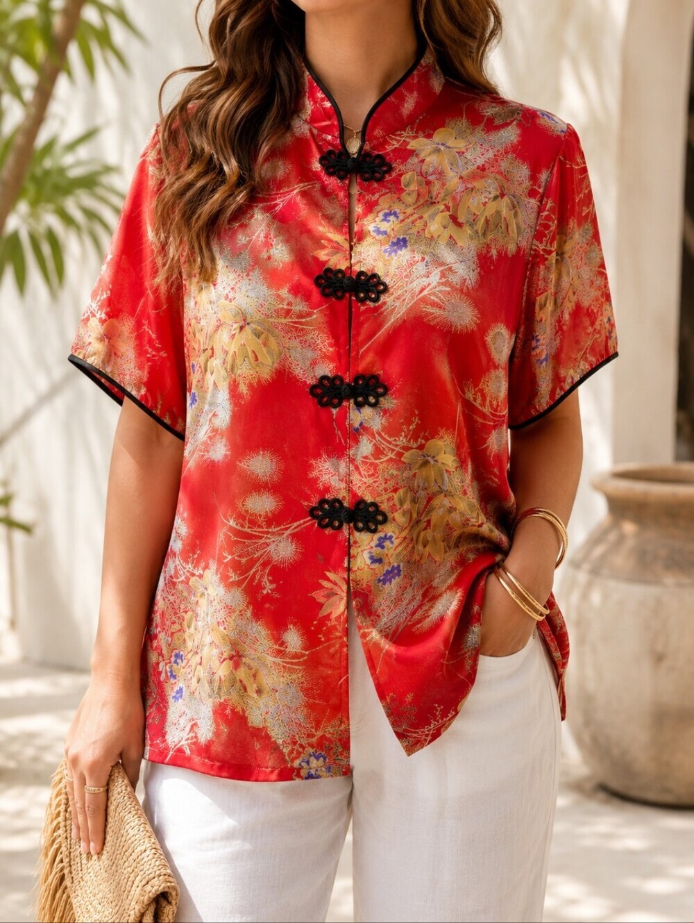 100% Silk Chinese Mandarin Collar Frog Closure Jacket Top XXXL Luxury